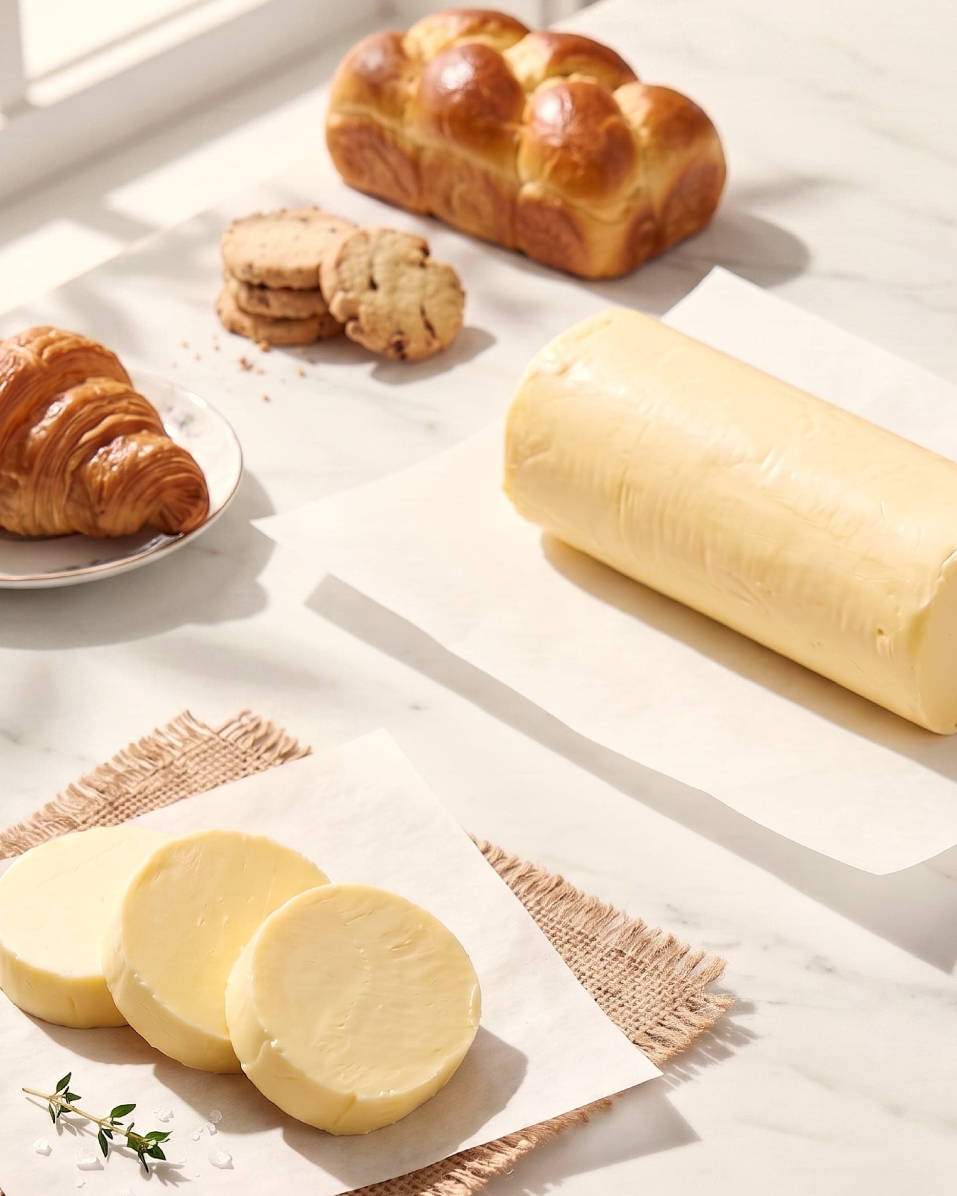 A block of pale cultured butter on parchment